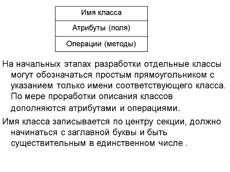На начальных этапах разработки отдельные классы могут обозначаться простым прямоугольником с указанием только имени